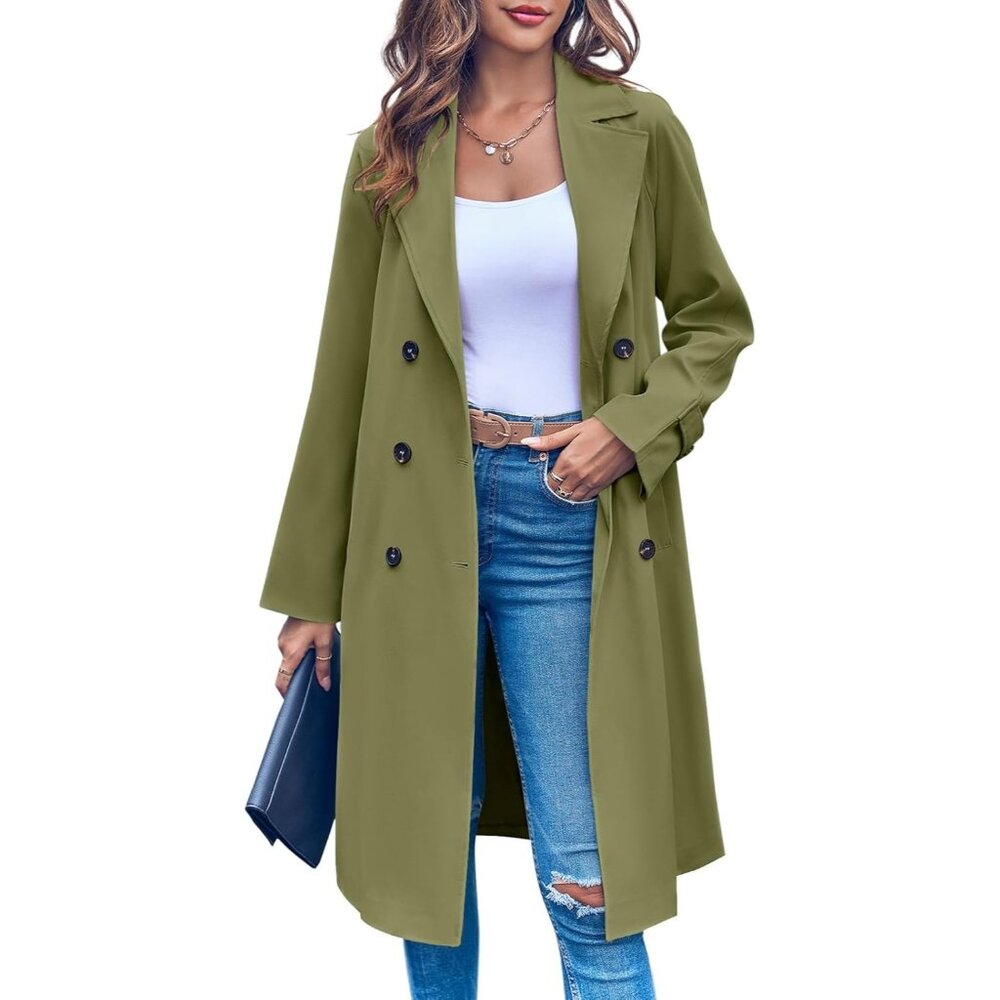 💫 Women Green Long Trench Coat Double Breasted Elegant Windproof Belted Jackets